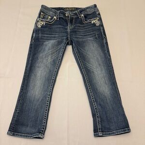 Grace in LA Dark Indigo Capris Embroidered